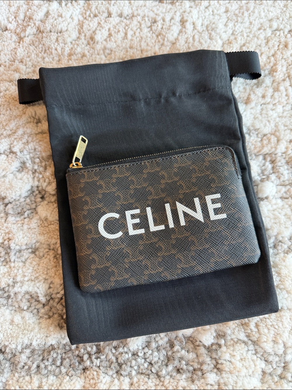 Celine Brown Triomphe Canvas Zip Pouch with Keychain